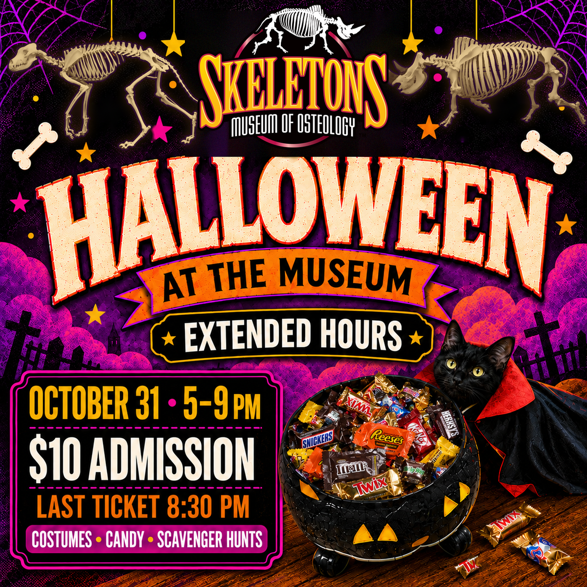 Halloween at the Museum: Extended Hours, Saturday October 31, 5 to 9 pm, $10 admission, last ticket 8:30 pm. Costumes, candy, scavenger hunts.