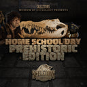 Prehistoric skull with text about a homeschool day museum event on a dark background