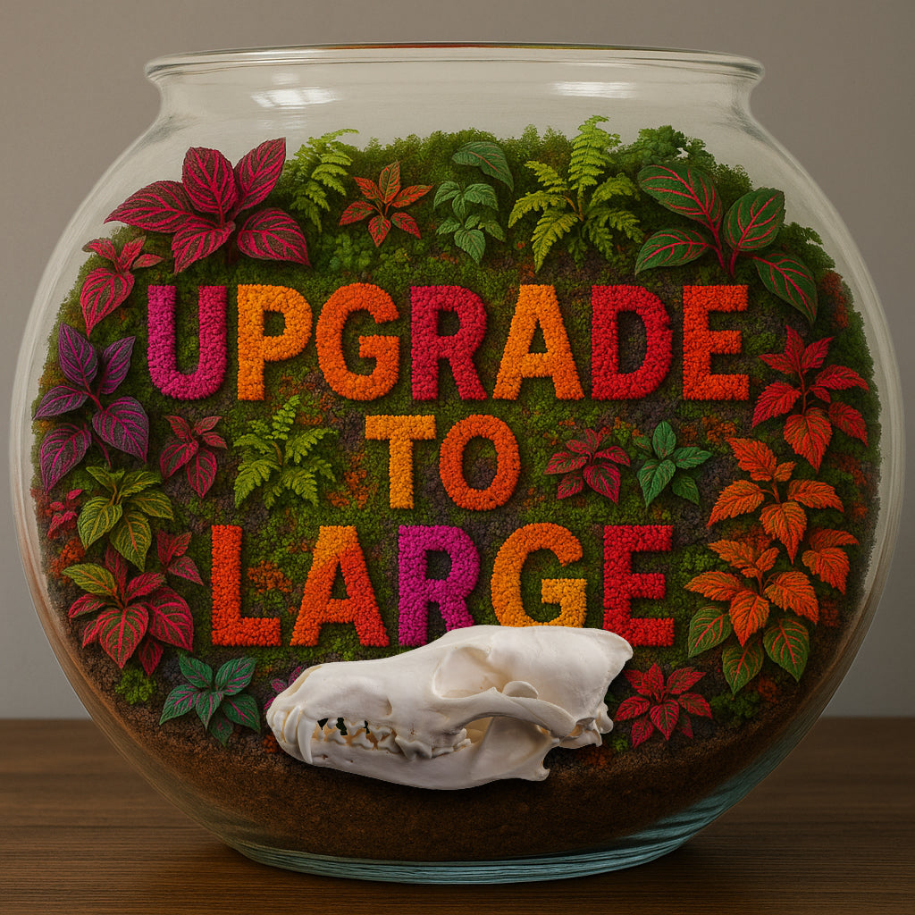 Terrarium with colorful text 'Upgrade to Large' surrounded by plants on a wooden surface with a coyote skull inside. 