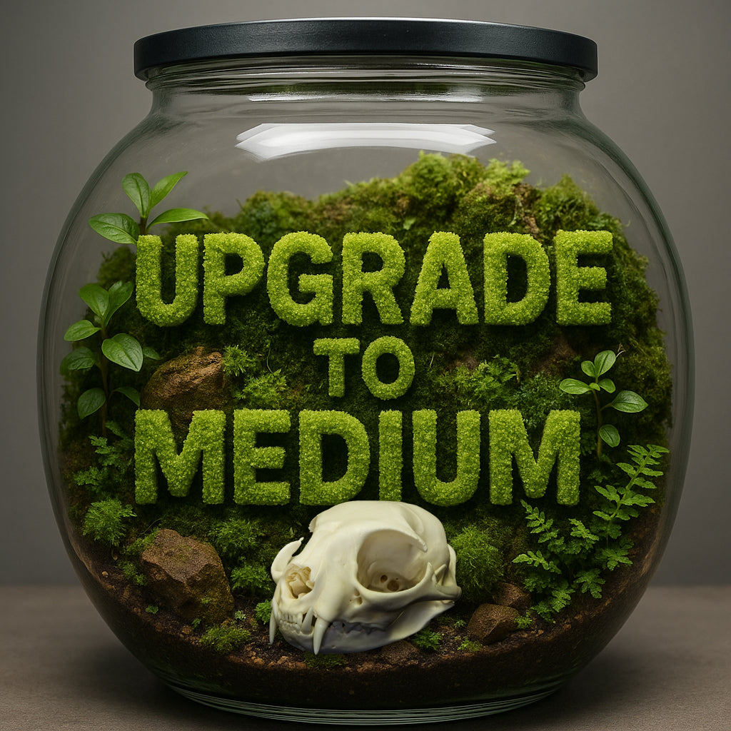 Terrarium with moss text 'Upgrade to Medium' and a bobcat skull inside.