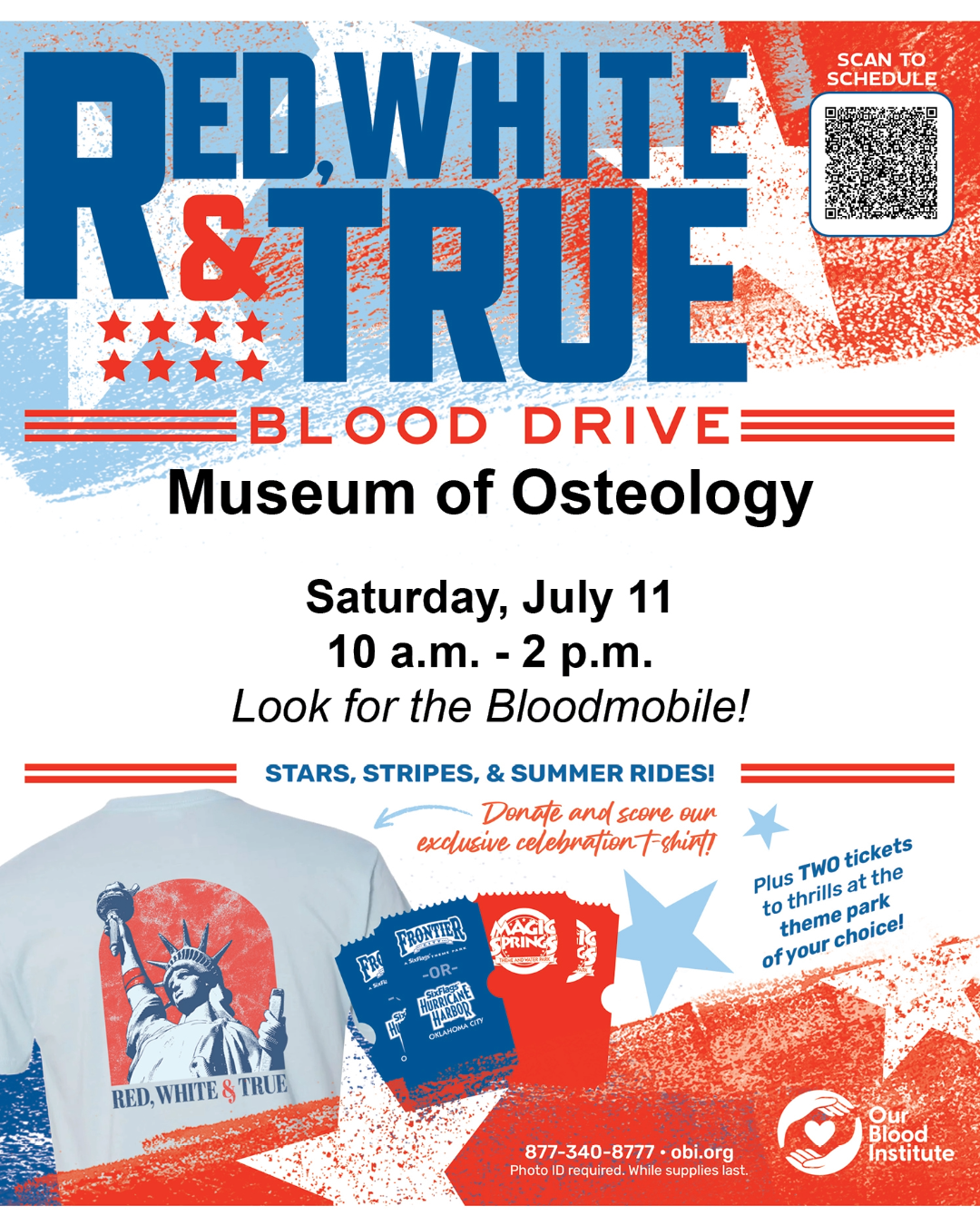 Promotional flyer for Red, White & True Blood Drive event at Museum of Osteology.